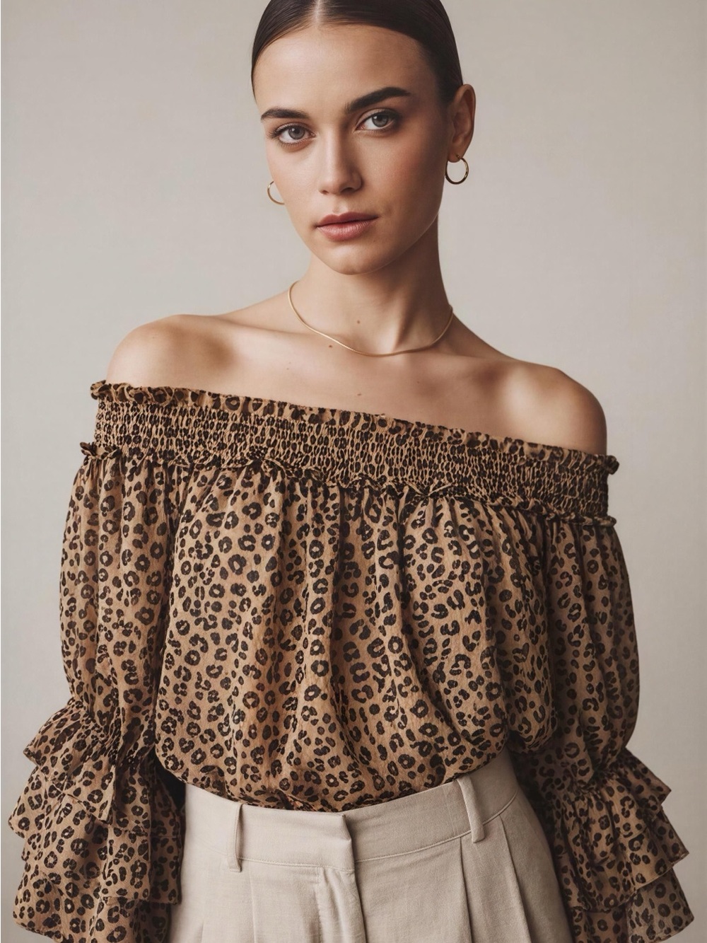 CeCe Leopard Print Off-Shoulder Blouse in Brown